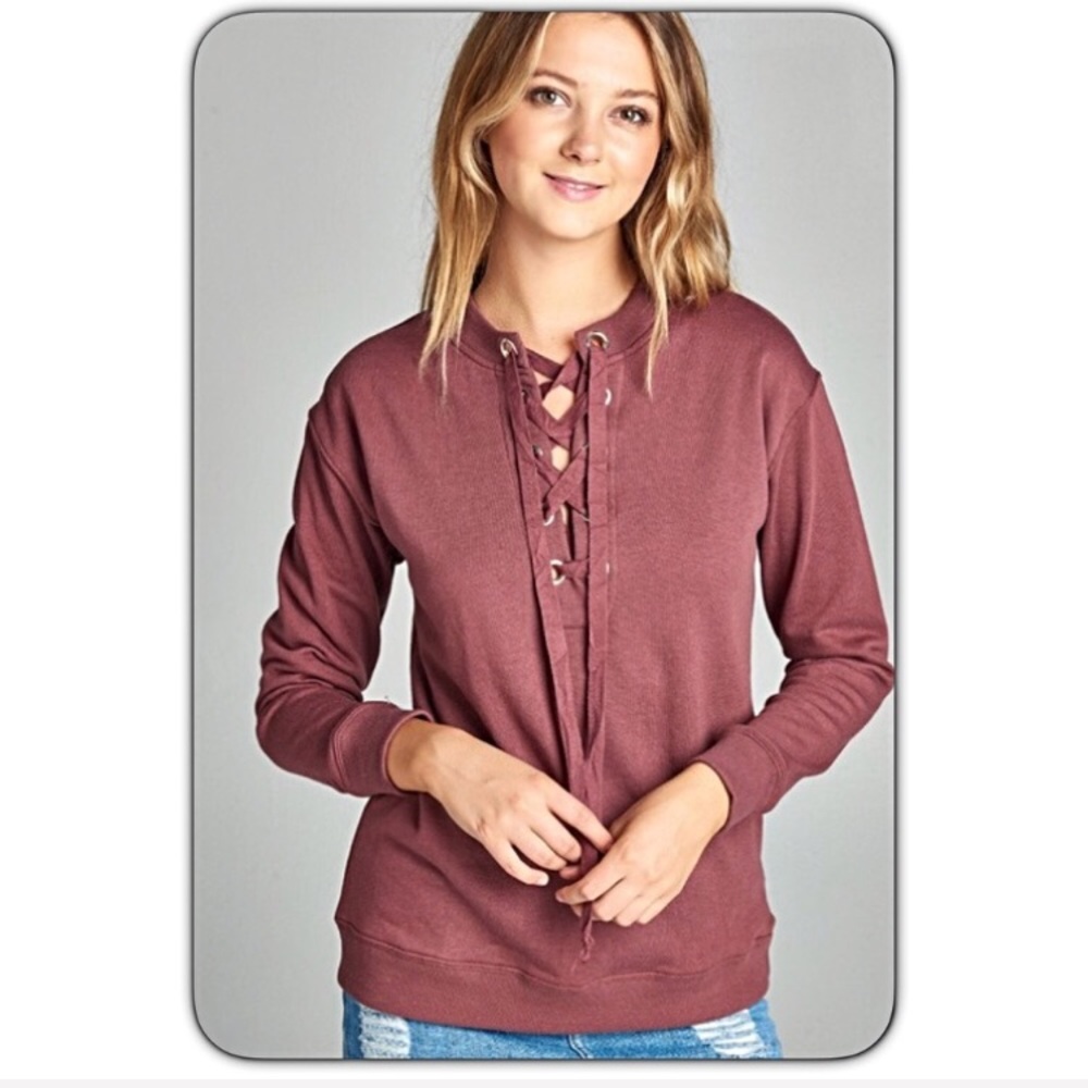 Date Night Marsala Soft Lace Up Top S - Picture 4 of 6